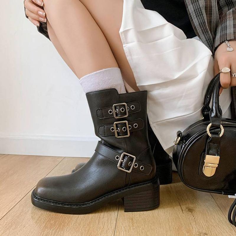 New Women's Leather Boots Leather Sleeve Low Boots Cowhide Thick-soled Non-slip Medium Heel Martin Boots Autumn and Winter Large Size Boots