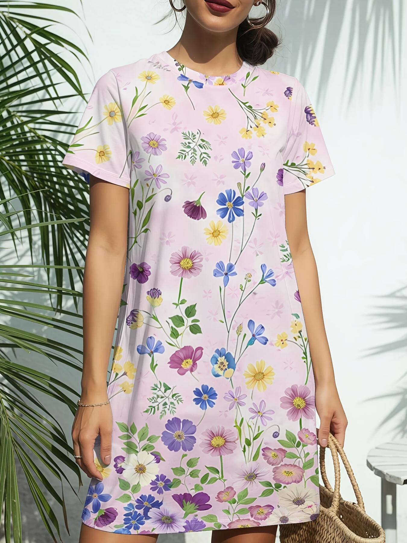 

Women s Short-Sleeve T-Shirt Dress with Round Neck - Colorful Ditsy Floral Print -Line Dress Suitable for Spring Summer Casual Wear. Birthday Gifts. L 9XL дубильная кора