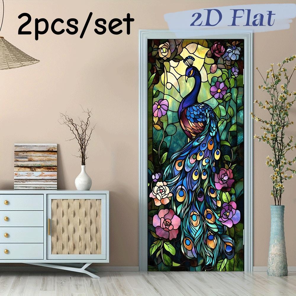 

2pcs peacock colored glass style wall stickers, home decoration door stickers, self-adhesive art stickers, living room bedroom e (as the picture,38.5x200cmx2)