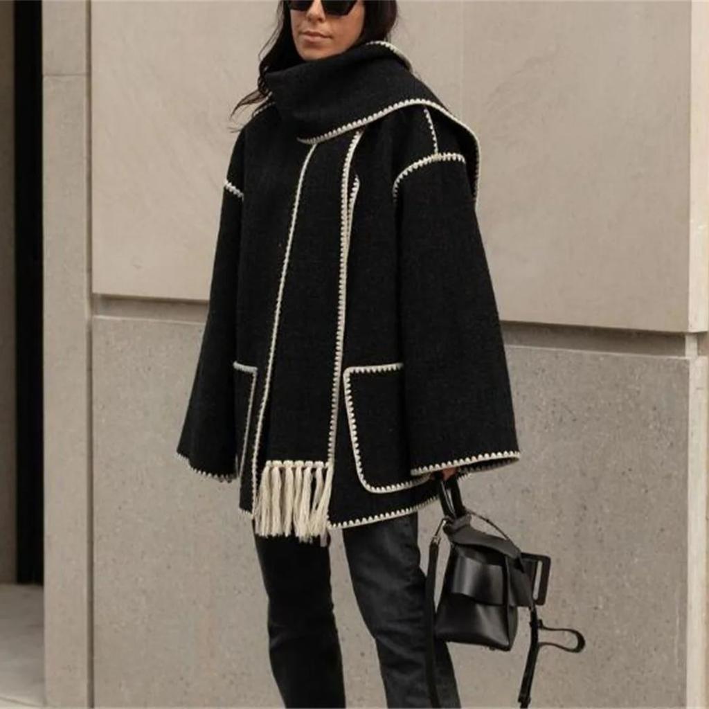 Fashion Scarf Collar Coat for Women Loose Winter Autumn Loose Jackets Elegant Tassel Streetwear Casual Chic Long Sleeve Jacket