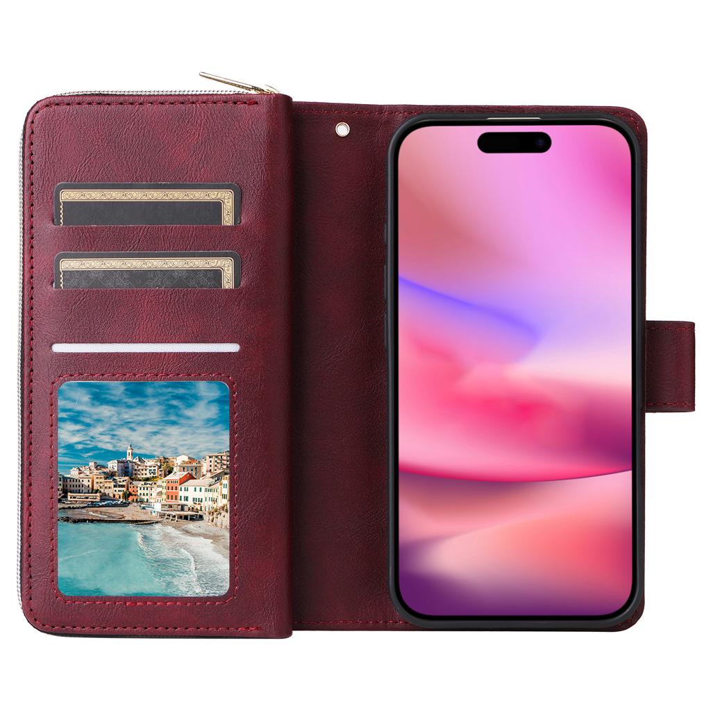 For iPhone 17 Case Zipper Pocket 9 Card Slots PU Leather Phone Cover with Hand Strap