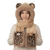 One-piece female autumn and winter warm hooded plush leopard print bear ears hat scarf scarf hat three-piece set