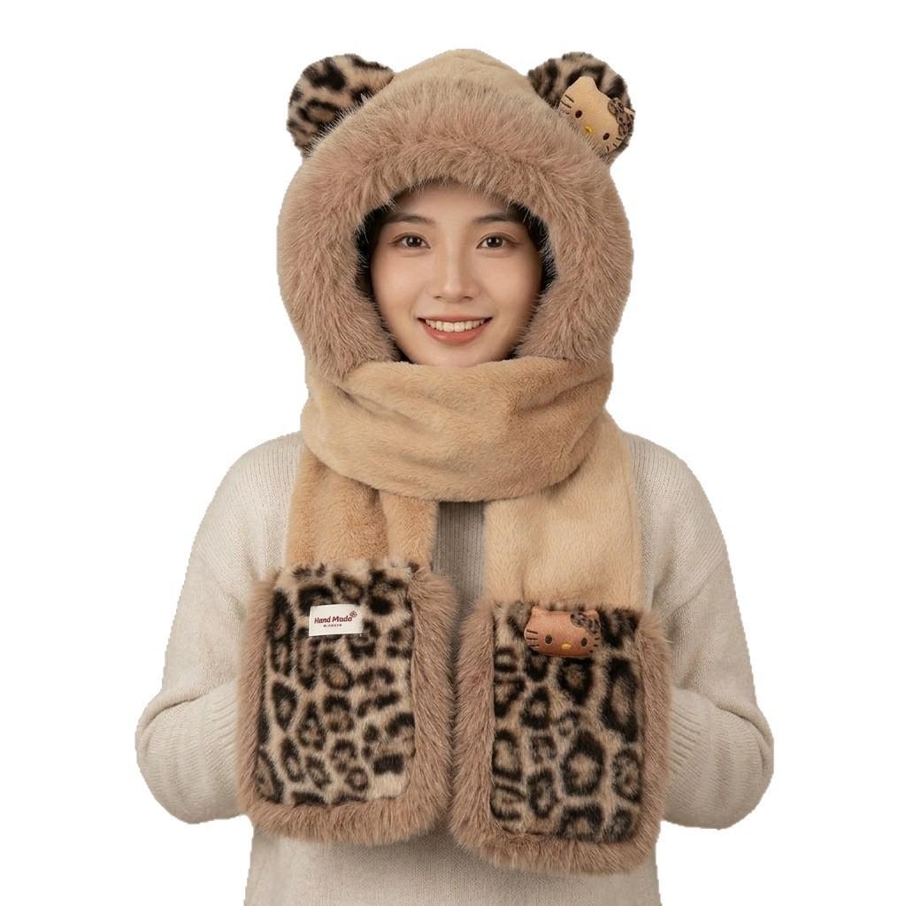 One-piece female autumn and winter warm hooded plush leopard print bear ears hat scarf scarf hat three-piece set