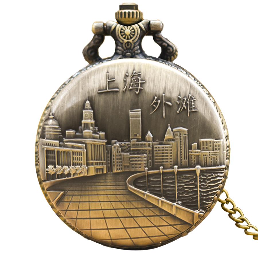

Vintage Bronze Steampunk Shanghai Attractions Carved Quartz Pocket Watch Necklace Pendant Clock Chain Men Women Chain Gift бронзовый