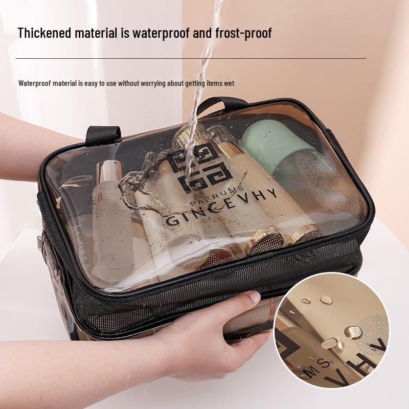 Transparent PVC Toiletry Bag with Wet and Dry Sections - Tea Color Makeup Storage