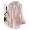 Women Summer Striped Linen Pocket Long Sleeve Button Down Casual Blouse