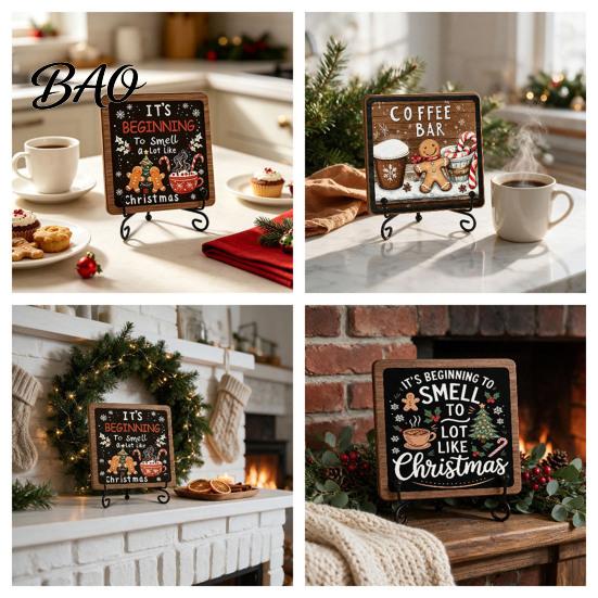 Christmas Hanging Ornament Wooden Tabletop Decor, 2D Pet Santa with Iron Stand, Rustic Xmas Party Holiday Sign for Home And Cafe Festive Shelf, Solid