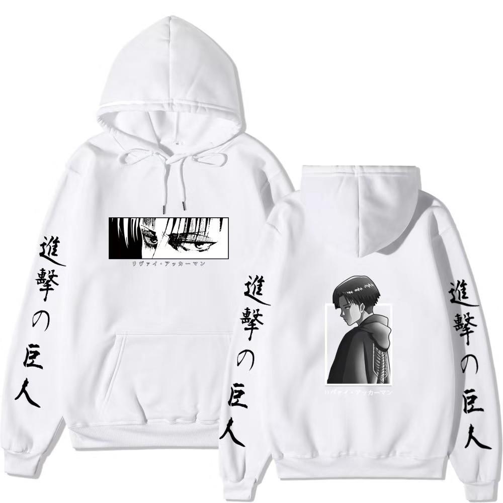 Attack On Titan Levi Ackerman Hoodie Unisex Fleece Sweatshirt Front Manga Eyes Print, Back Levi Portrait, Japanese Sleeve Text Autumn Winter Pullover