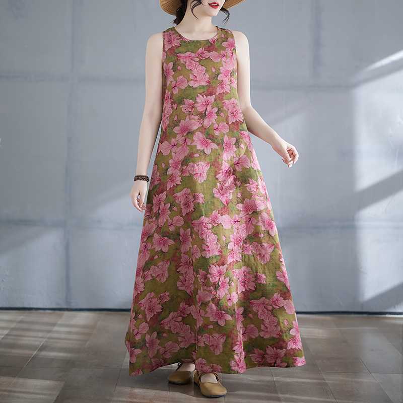 New Summer Bohemian Long Dress with A Fat and Oversized Sleeveless Round Neck Print