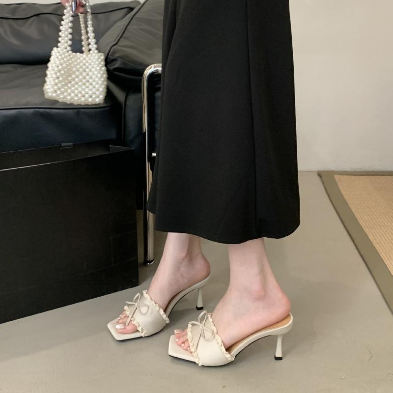 Fashion Elegant Lace Bow Decorated Brand Slipper Women Fashion Square Toe Thin Heel Slide Sandal Sweet Party Dress Shoe Zapatos De Mujer
