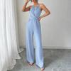 Ladies' Casual Hanging Neck Cross Exposed Waist Cinched Versatile Sleeveless Jumpsuit