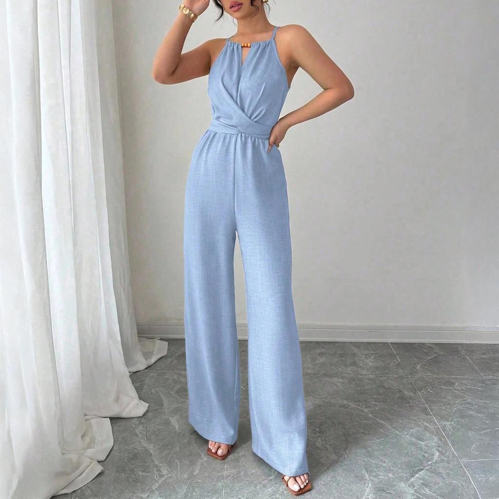 Ladies' Casual Hanging Neck Cross Exposed Waist Cinched Versatile Sleeveless Jumpsuit