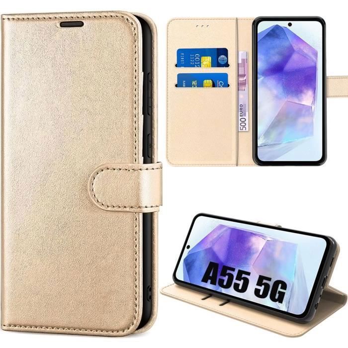 Coque pour Samsung Galaxy A55 5G, Protection Antichoc en Cuir PU avec Porte-Cartes et Fonction de Support - Doré