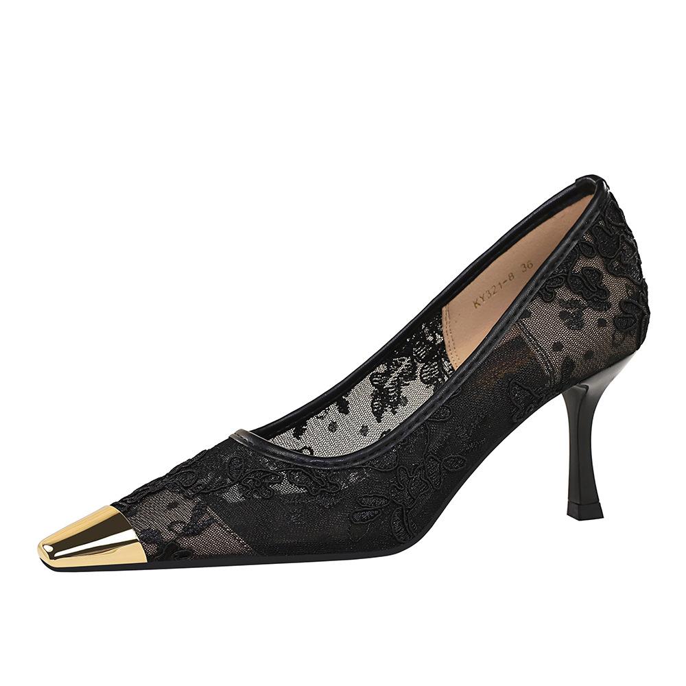 Banquet Shallow Mouth High Heels Metal Small Square Head Mesh Women's Shoes Thin Heel Temperament High Heel Single Shoes