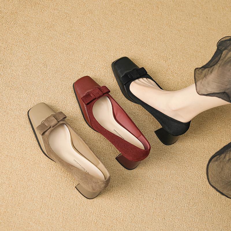 New Burgundy Festive Single Shoes Fashion Thick Heel Square Head Khaki Temperament Versatile Single Shoes Women