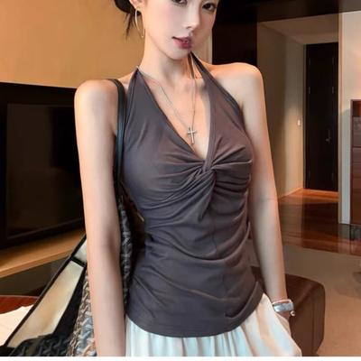 Sommer Sexy Neckholder Sling T-Shirt für Damen V-Ausschnitt Ärmellose T-Shirts Casual Slim Elastisch Skinny Y2K Tanktops Damenbekleidung