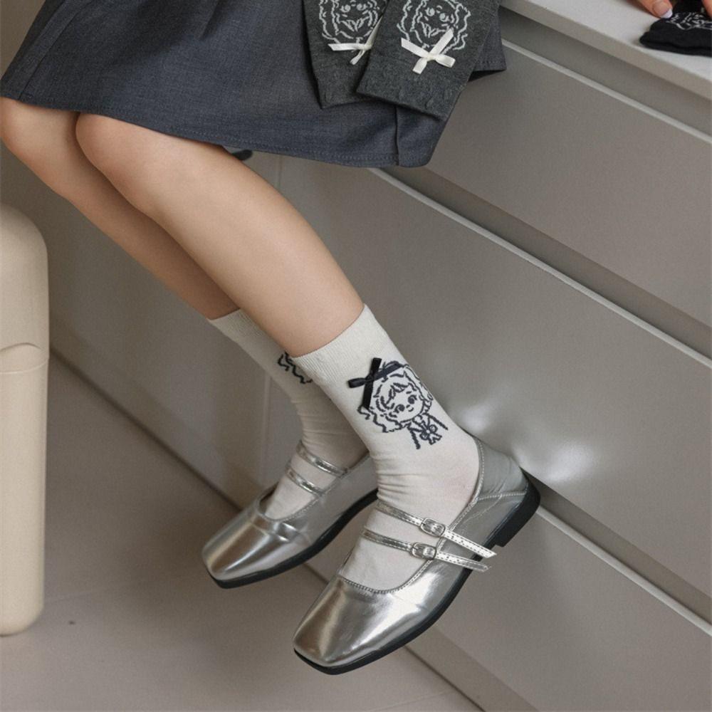 

3Pairs Solid Color Printed Short Socks Line Girl Women Mid-calf Socks Cotton Cartoon Socks Winter білий/бежевий