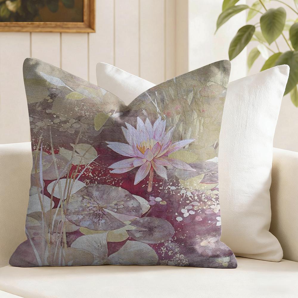 Beauty Lotus Cushion Cover Natural Linen Pillow Cover DoubleSided Print Cushion Cover for Sofa Home Decor
