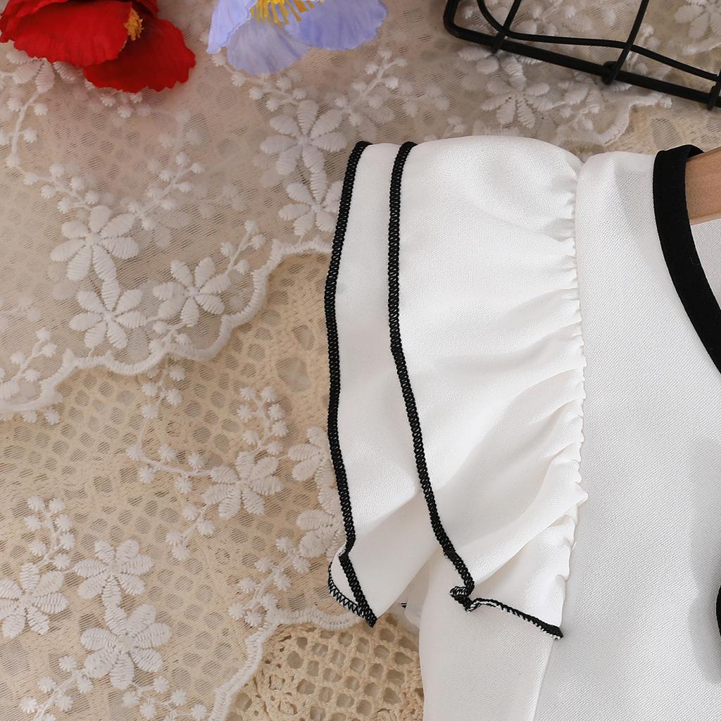 Girls Black and White Classic Set Ruffled Short Sleeve Bow Decorated Top + Pleated Skirt