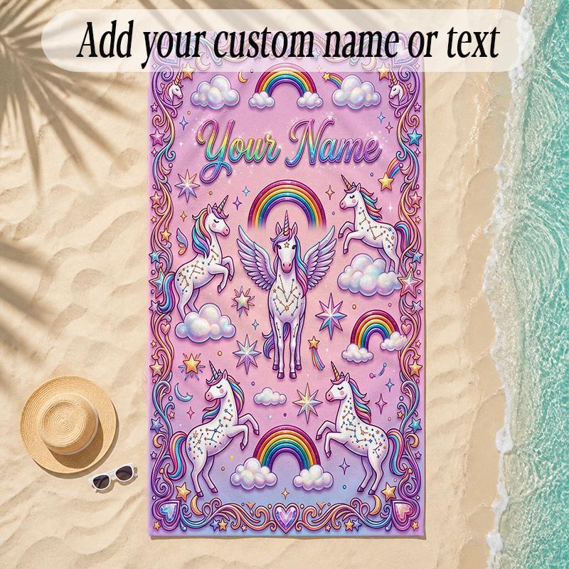 Unicorn Theme Soft Beach Towel Personalized Custom Name Text Towel Portable for Beach Pool Travel