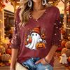 Women's V-Neck Casual Three-Quarter Sleeve Top with Halloween Print