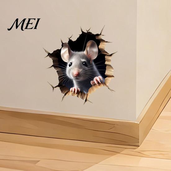 Realistic Animal Decal for Windows Grey Mouse Peeking Wall Decal, 3D Hole Effect Sticker, Removable Three Dimensional Sticker PVC Art Living