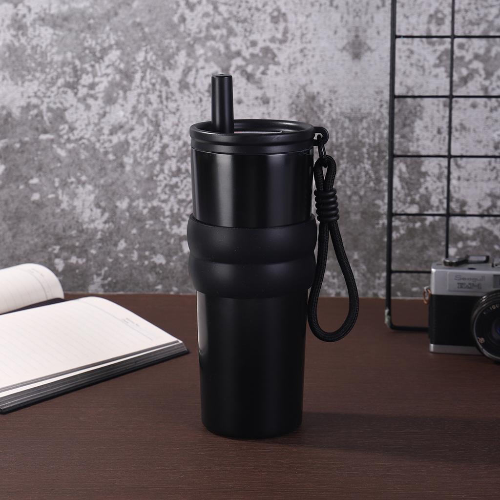 Large Capacity Stainless Steel Thermos Cup with Lifting Rope Portable Straw Car Cup Summer Cold Insulation Ice Cup
