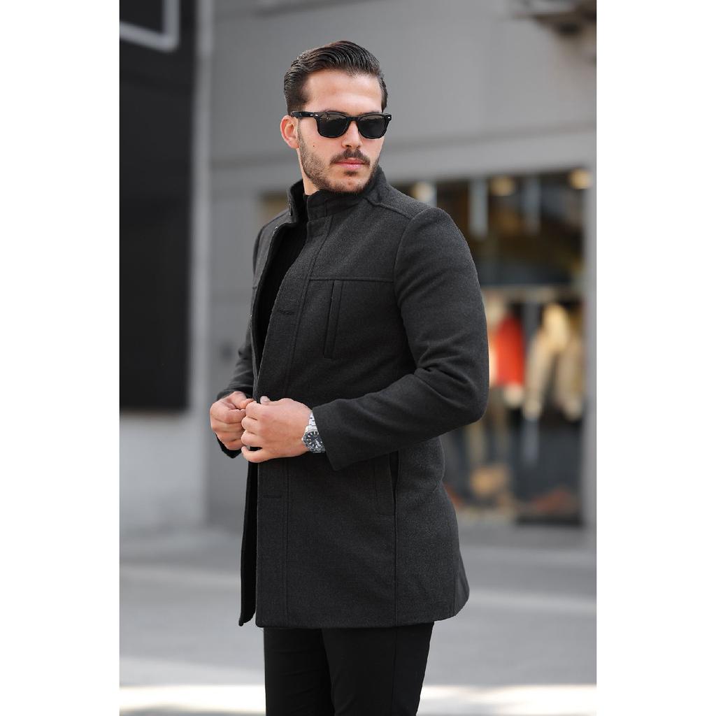 Men's Casual Cut Windproof Buttoned Long Black Cuff Coat