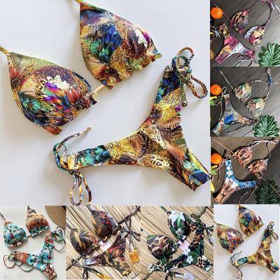 Handmade Knotted String Bikini Set with Mixed Abstract Print Triangle Top and Adjustable Side Tie Bottom for Women Swimwear