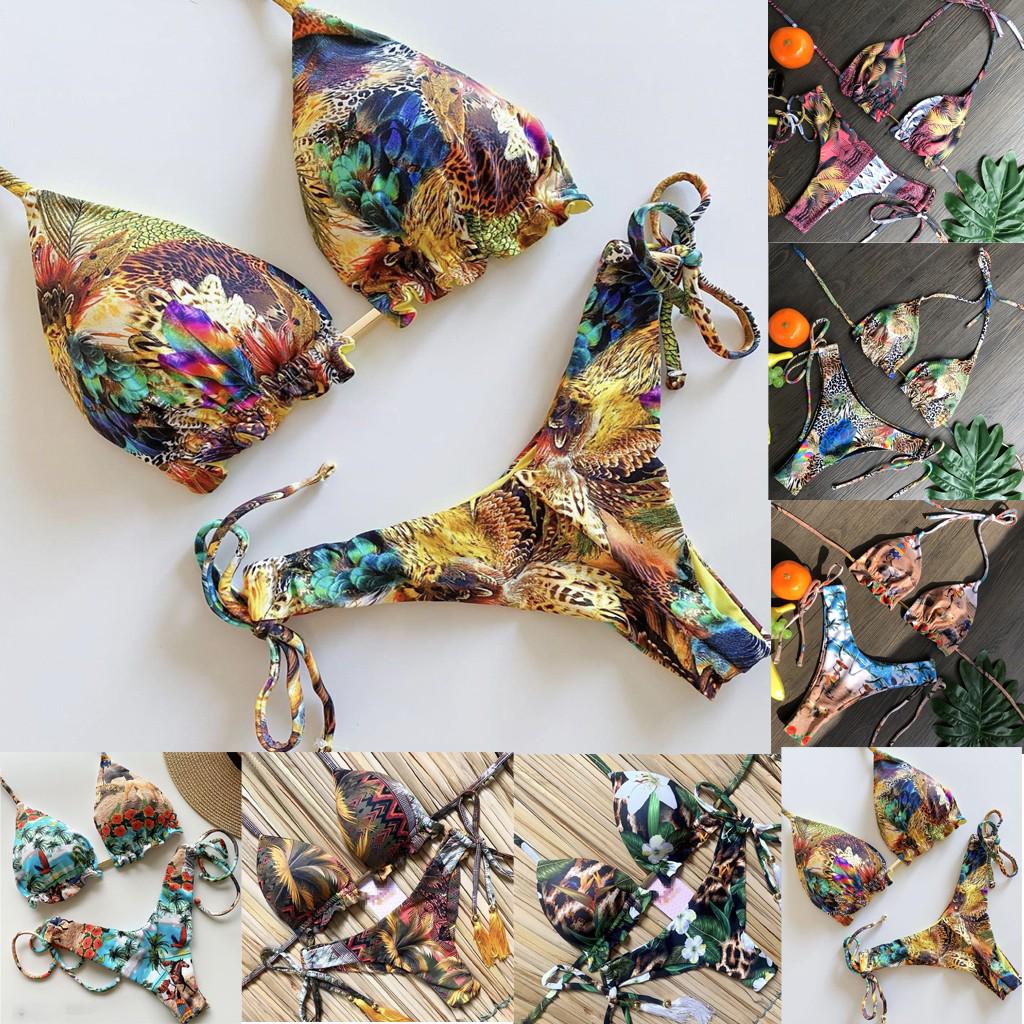 Handmade Knotted String Bikini Set with Mixed Abstract Print Triangle Top and Adjustable Side Tie Bottom for Women Swimwear