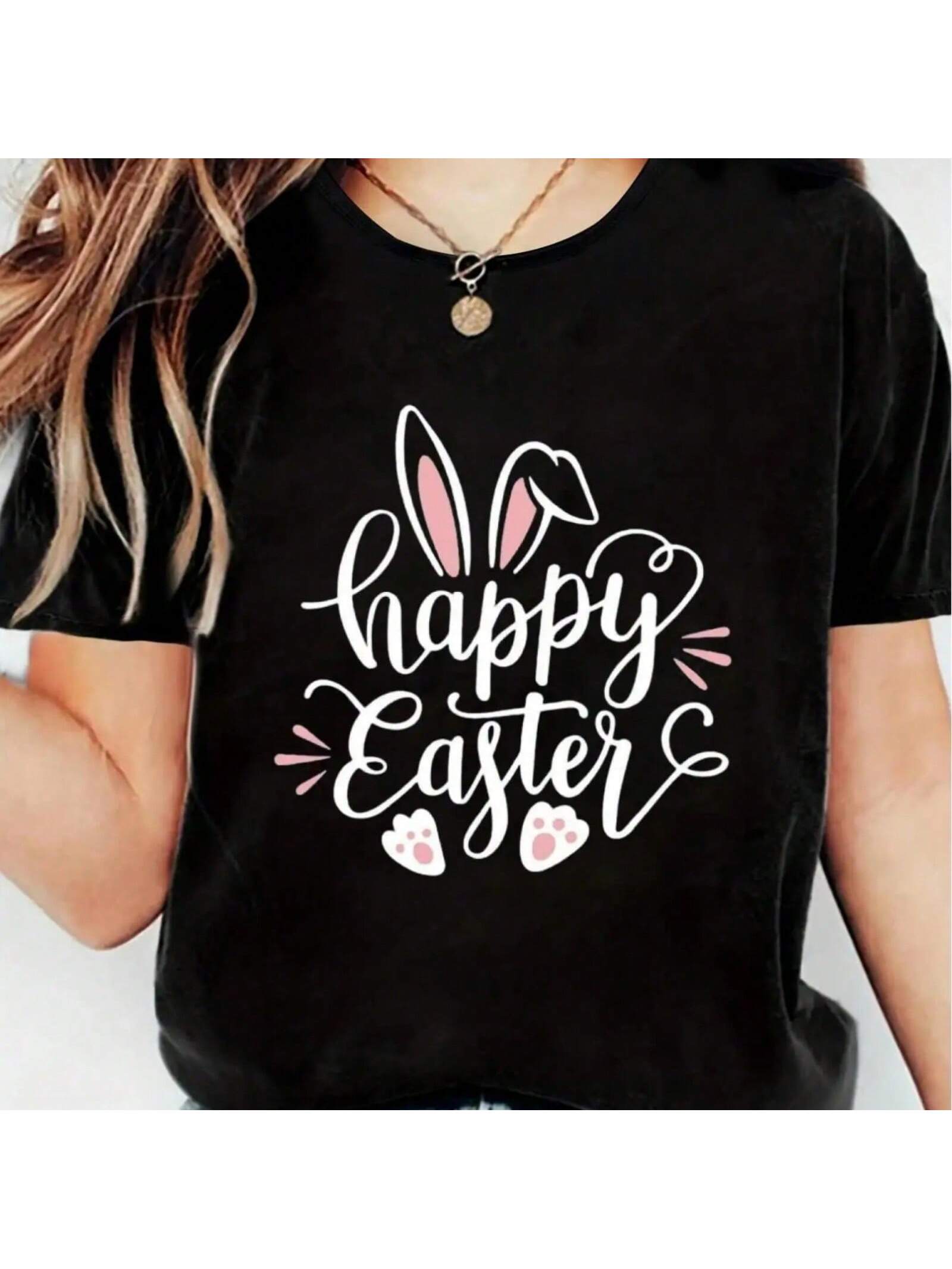 100% Cotton Wo unisex Happy Easter T Shirt Bunny Rabbit Graphic T-Shirt Funny Letter Printed Shirts Short Sleeve Tops Tee For Adult, S