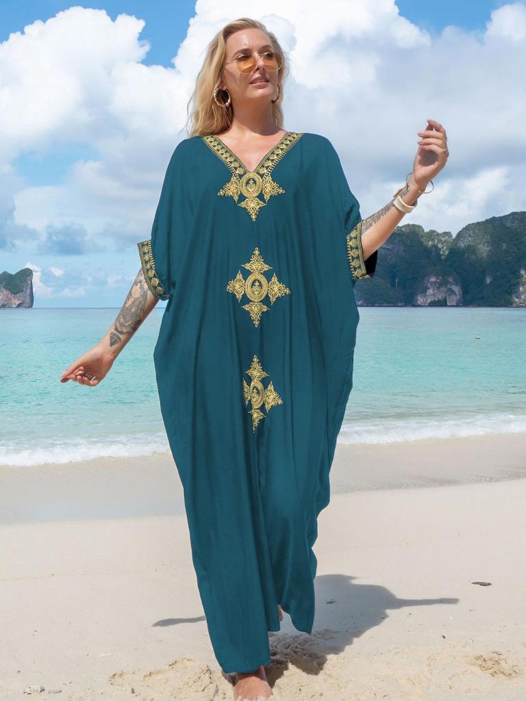 European & American Cotton Gold Thread Embroidered Beach Cover-up Dress