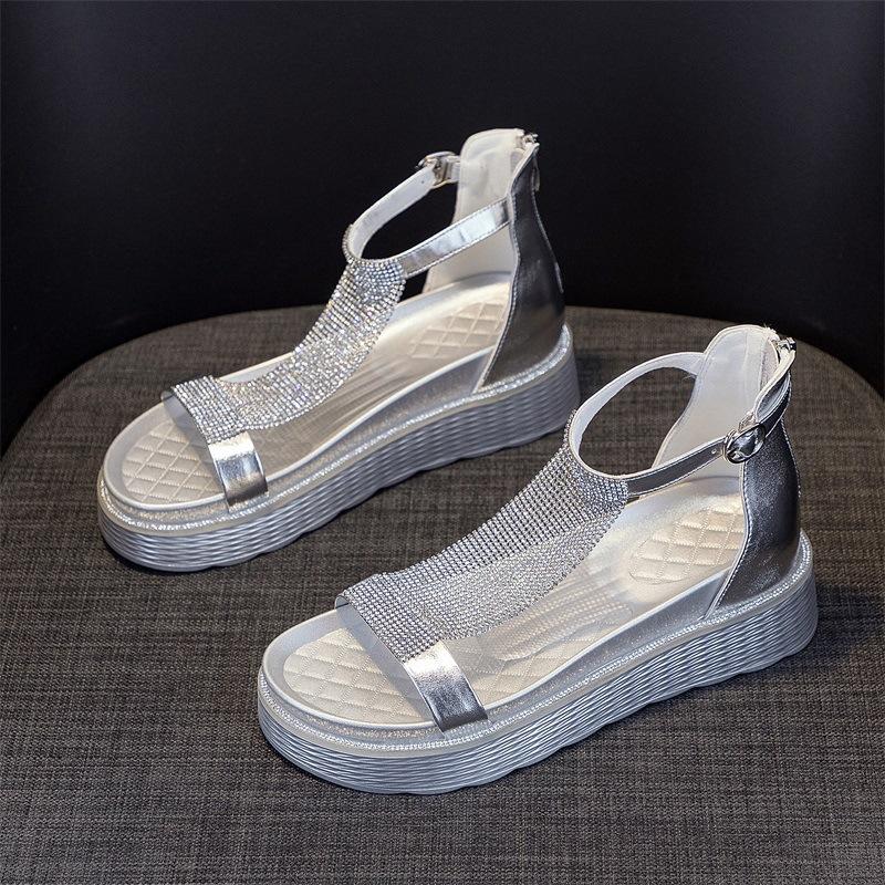 

Slope bottom sandals women s flat bottom casual fashion rhinestone muffin shoes 39