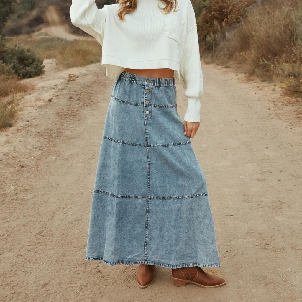 Fashion Denim Skirt Bohemian A-line Layered Stitching Cowgirl Skirt