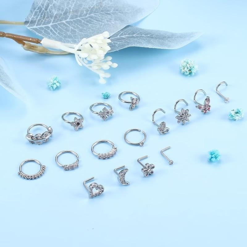Multicolor Nose Ring Set Diamond Multi-Shape Flower Butterfly Love Moon Puncture Jewelry 316 Stainless Steel Trendy Unisex