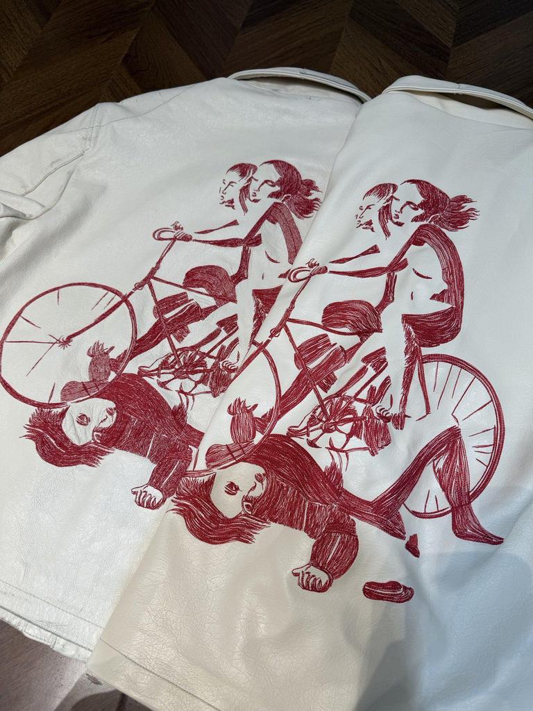 RICH KIDS 25SS Red "Bicycle" Embroidered Leather Jacket for Men & Women