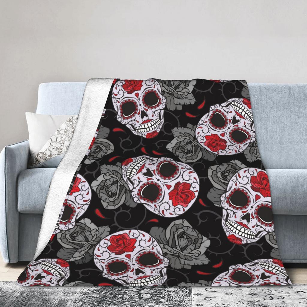 Sugar Skull Rose Halloween Knitted Blanket Flannel Gothic Day of the Dead Warm Throw Blankets for Bed Bedspread