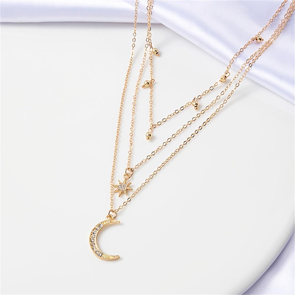 1-Pack Alloy Pendant Rhinestone Inlaid Three-Layer Necklace, Stylish Small Round Bead Tassel Hexagram Moon Pendant Trendy
