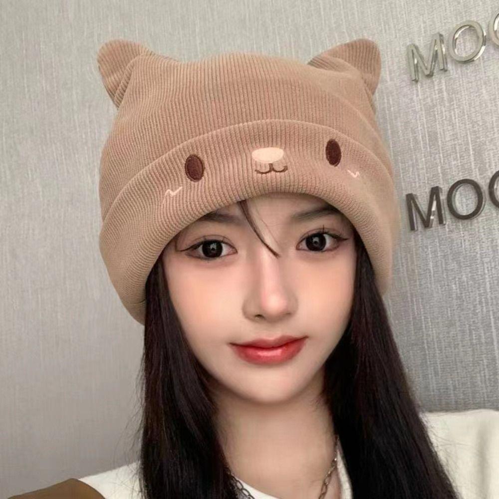 Solid Color Knitted Hats Cat Ear Pullover Beanie Caps Cute Skull Cap