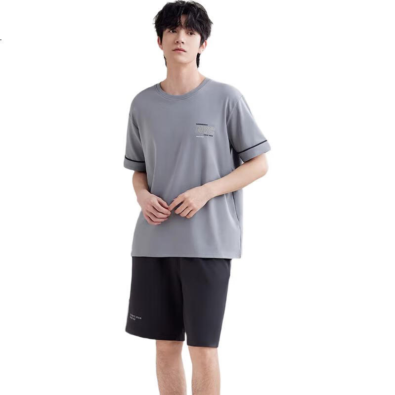 Yiershuang Men's Pajamas, Summer Thin Cotton Pullover Short-Sleeve Shorts, Loose Casual Printed Loungewear Set, Suitable for Outdoor Wear
