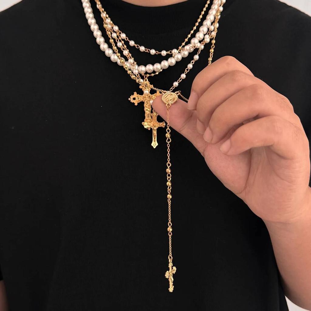 Lacteo 4 Pcs/Set Bohemia Imitation Pearl Choker Necklace Women Vintage Creative Gold Color Cross Pendant Necklace Charm Jewelry