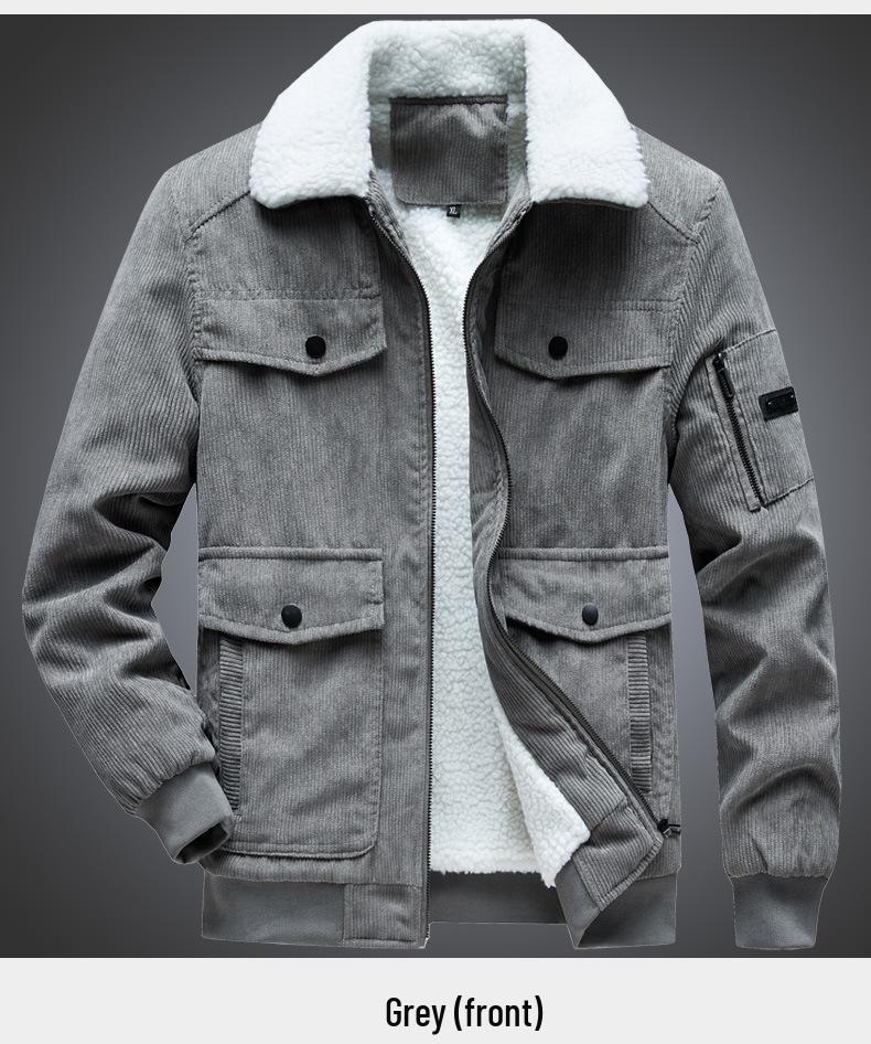 Men's Autumn/Winter 2025 Corduroy Lambswool Jacket - Thickened Warm Outerwear for Middle-Aged Men