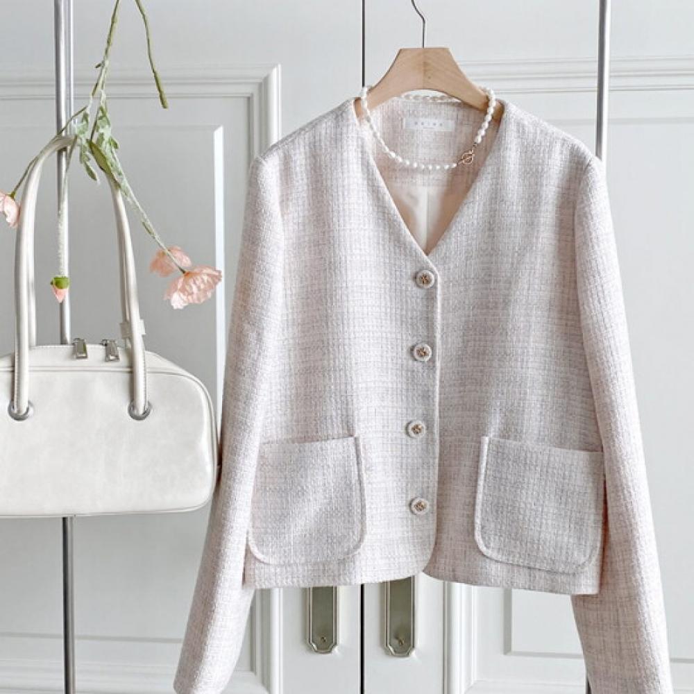 Shop Women No Collar Y Button Check Tweed Jacket ivorY Rei Wjk 4269