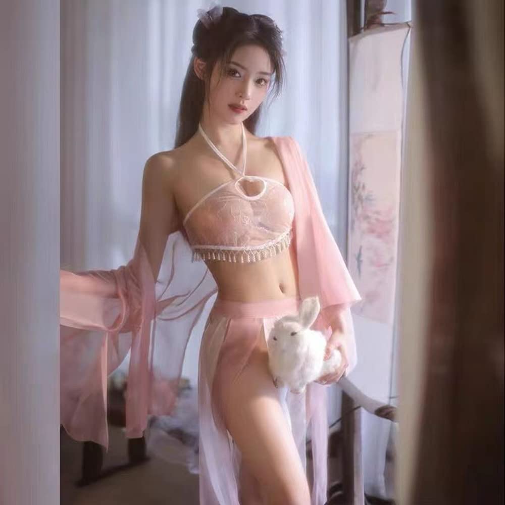 Extremely Hanfu Court Soft Chinese Style Maid Maid Photo Free Pink Sheer Halter Neck [Qeozts] Cosplay, Sexy, Sexy, Cute, Set, Style, Temptation,