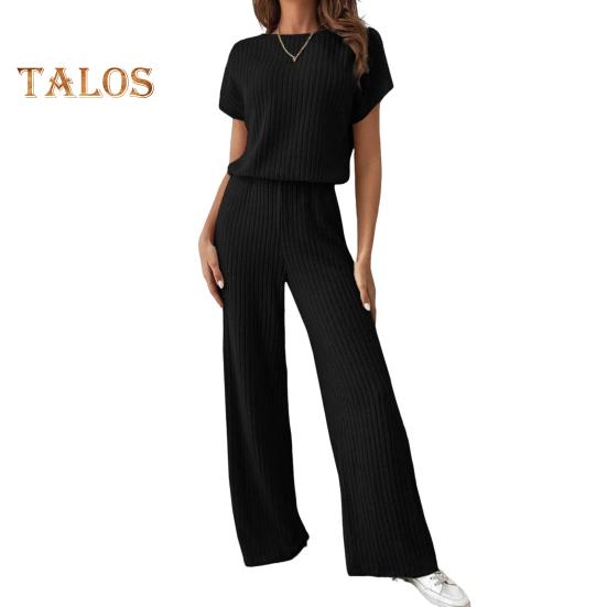 

Женский комплект из двух частей, трикотажный свитер с коротким рукавом, топ с широкими штанинами, комплекты для отдыха, повседневный трикотажный наряд в рубчик для весны и осени S чёрный