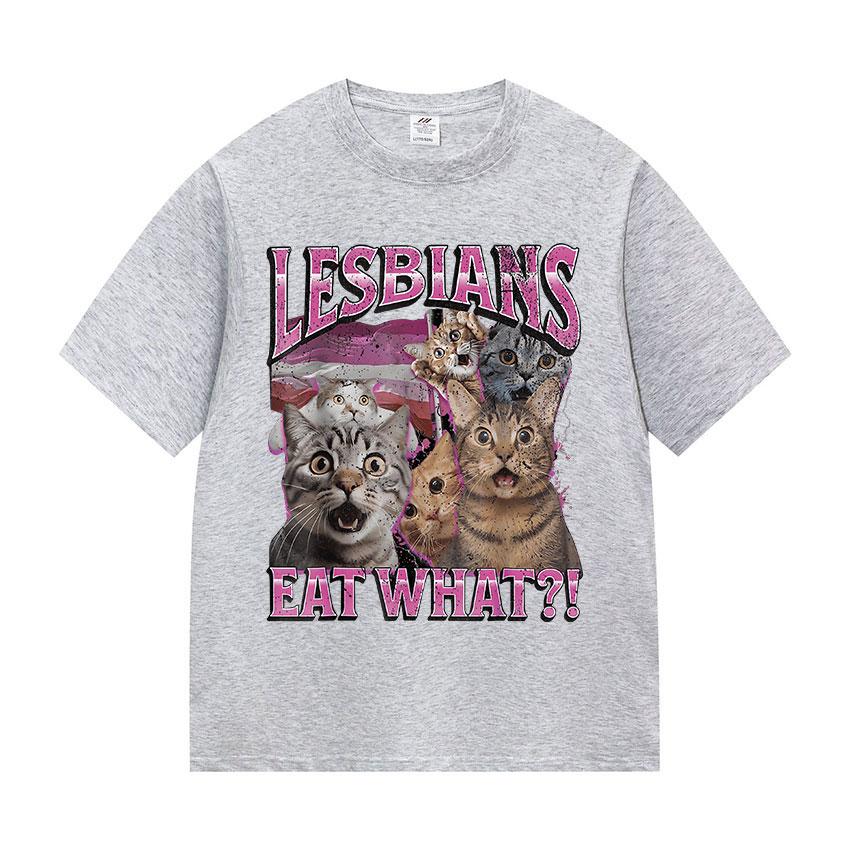 Vintage Lesbians Eat What Funny Cat Meme T Shirts Men Women Aesthetic Fashion Short Sleeve T-shirt Summer Oversized Cotton Tees