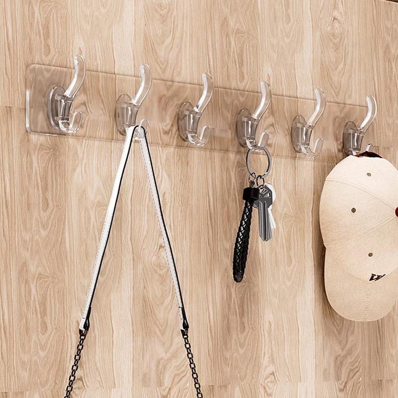 6 Row Multipurpose Hooks Nail-free Transparent Holder Strong Self Adhesive Wall Hook Kitchen Bathroom Traceless Hanger Stickers