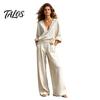 Talos Damen 2-teiliges Baumwoll-Leinen-Set, Langarm V-Ausschnitt Bluse und Weite Hosen passende Sommerurlaub Lounge Outfits
