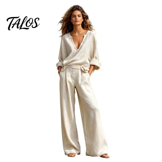 Talos Damen 2-teiliges Baumwoll-Leinen-Set, Langarm V-Ausschnitt Bluse und Weite Hosen passende Sommerurlaub Lounge Outfits