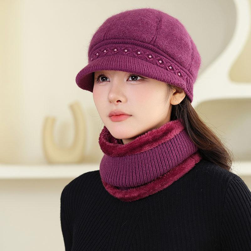 Middle-aged and old plush warm rabbit plush cap lady mother fashion cold-proof knitted hat outdoor wool hat